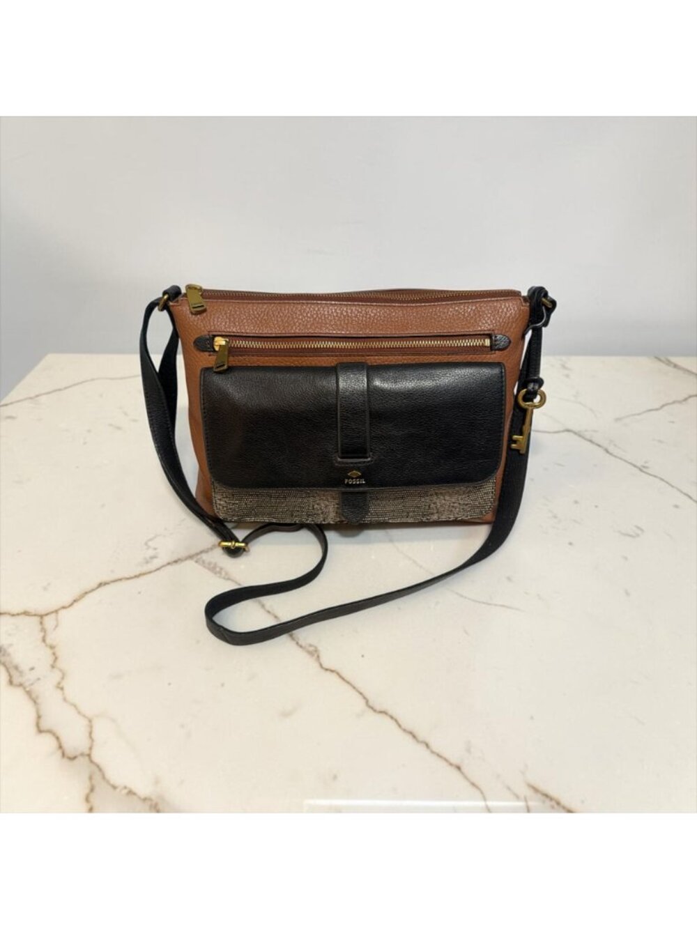 Fossil Kinley Pocket Crossbody ZB7378 Brown Pebbled Leather and Snake Print Bag - Picture 3 of 10